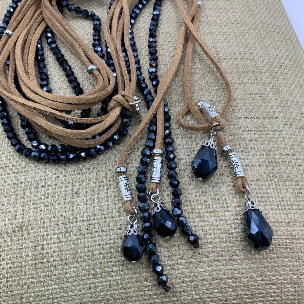 Chico's Blue AB Beaded Suede Cord Boho Multi Strands Lariat Adjustable Necklace